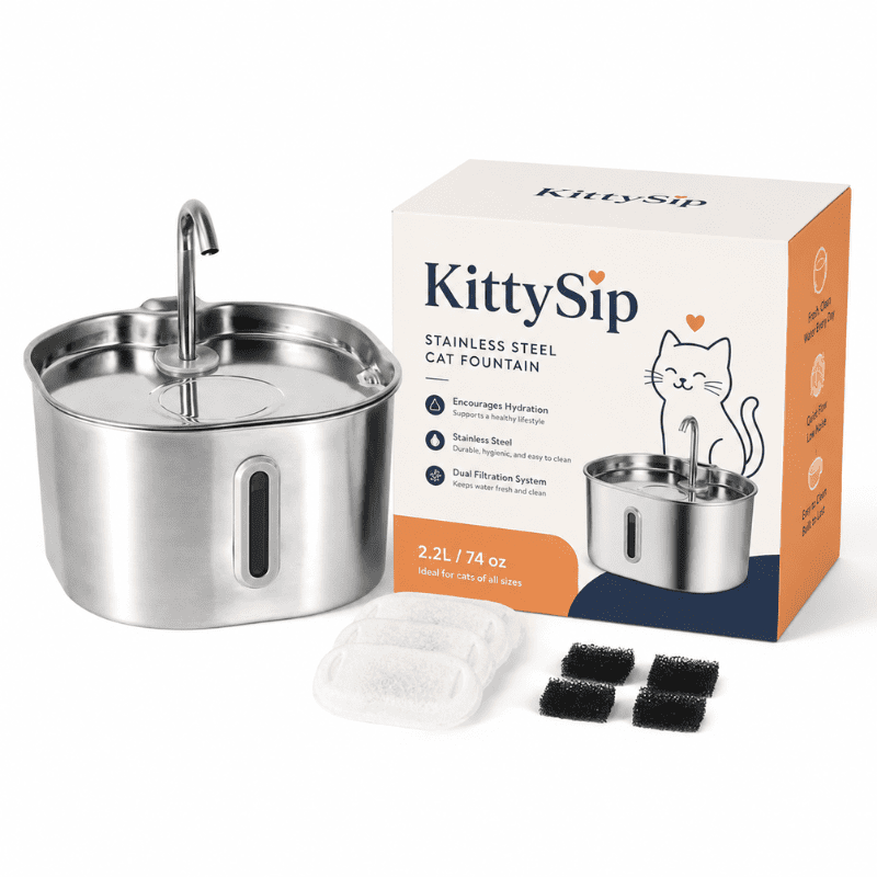 KittySip stainless steel cat fountain with packaging and filters on a white background